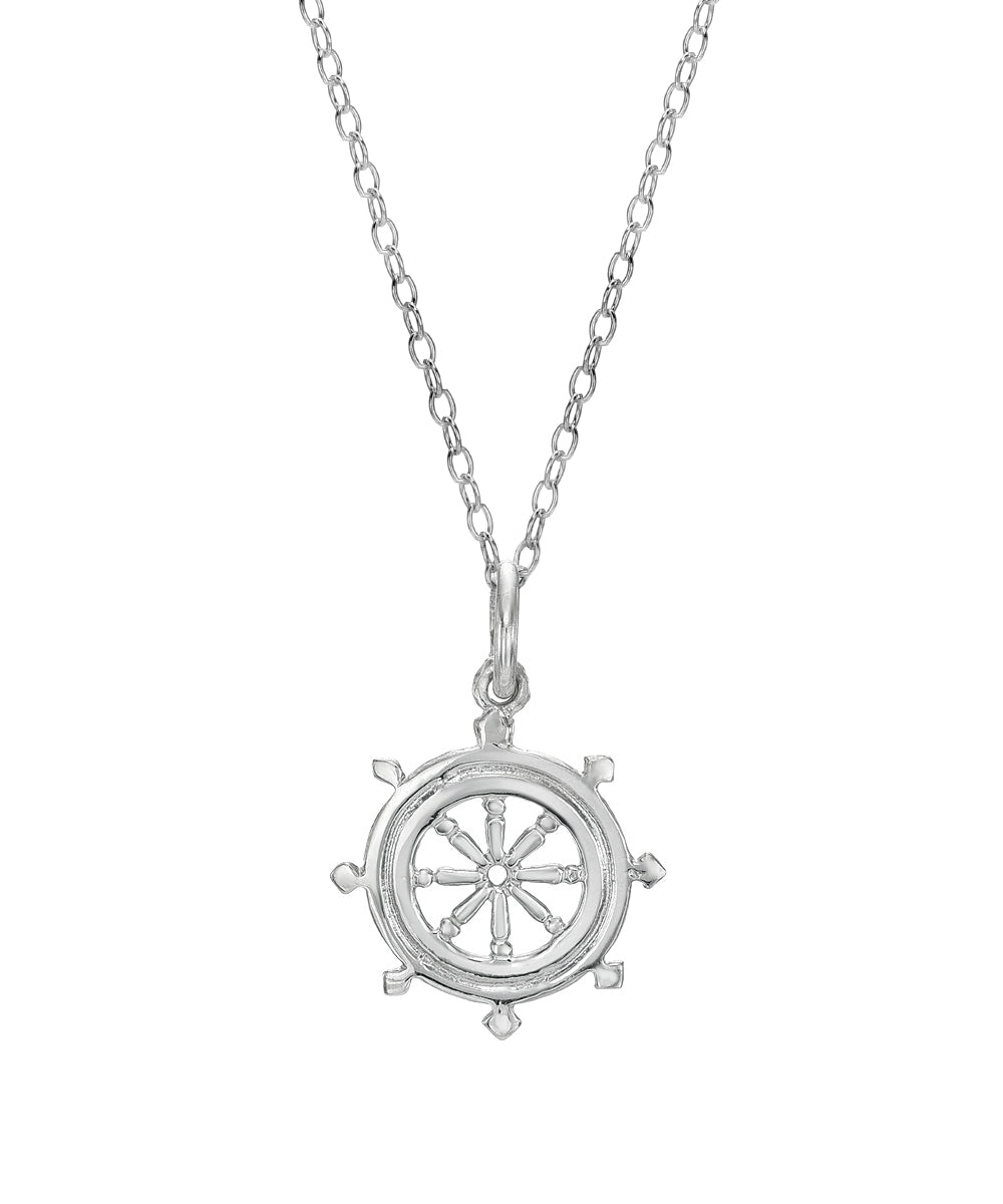 A Sterling Silver Dharmachakra Wheel of Dharma Buddhism Pendant Necklace, featuring a wheel-shaped pendant, displayed against a plain white background.