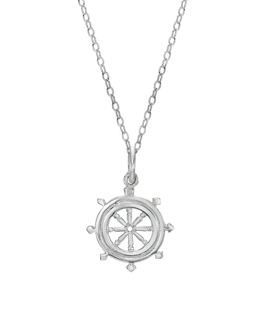 A Sterling Silver Dharmachakra Wheel of Dharma Buddhism Pendant Necklace, featuring a wheel-shaped pendant, displayed against a plain white background.