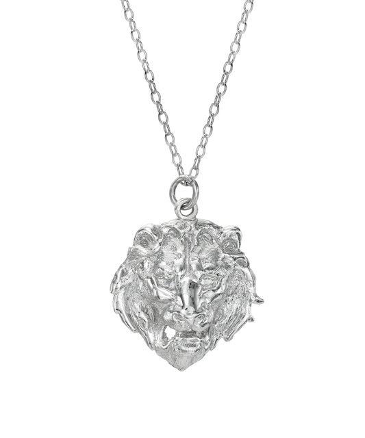 The Sterling Silver Lion Bust Pendant Necklace features a finely crafted lion head pendant on a delicate 925 sterling silver chain.