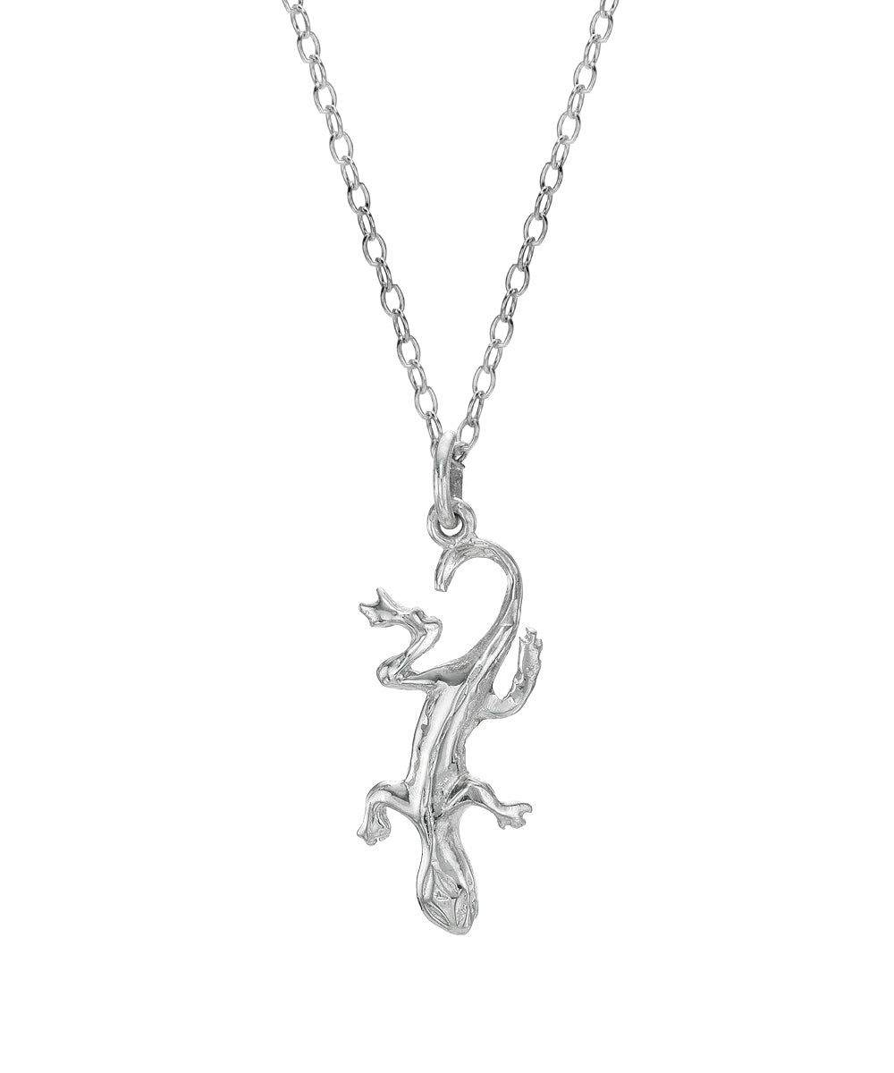 The Sterling Silver Lizard Pendant Necklace features a 925 sterling silver lizard-shaped pendant on a delicate chain.