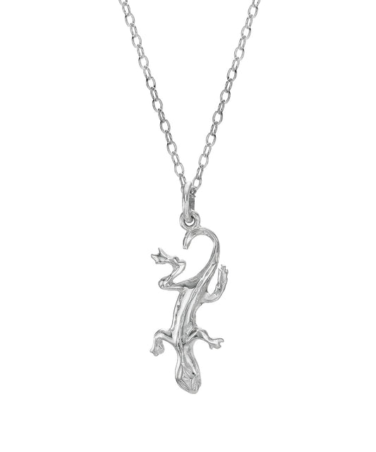 The Sterling Silver Lizard Pendant Necklace features a 925 sterling silver lizard-shaped pendant on a delicate chain.