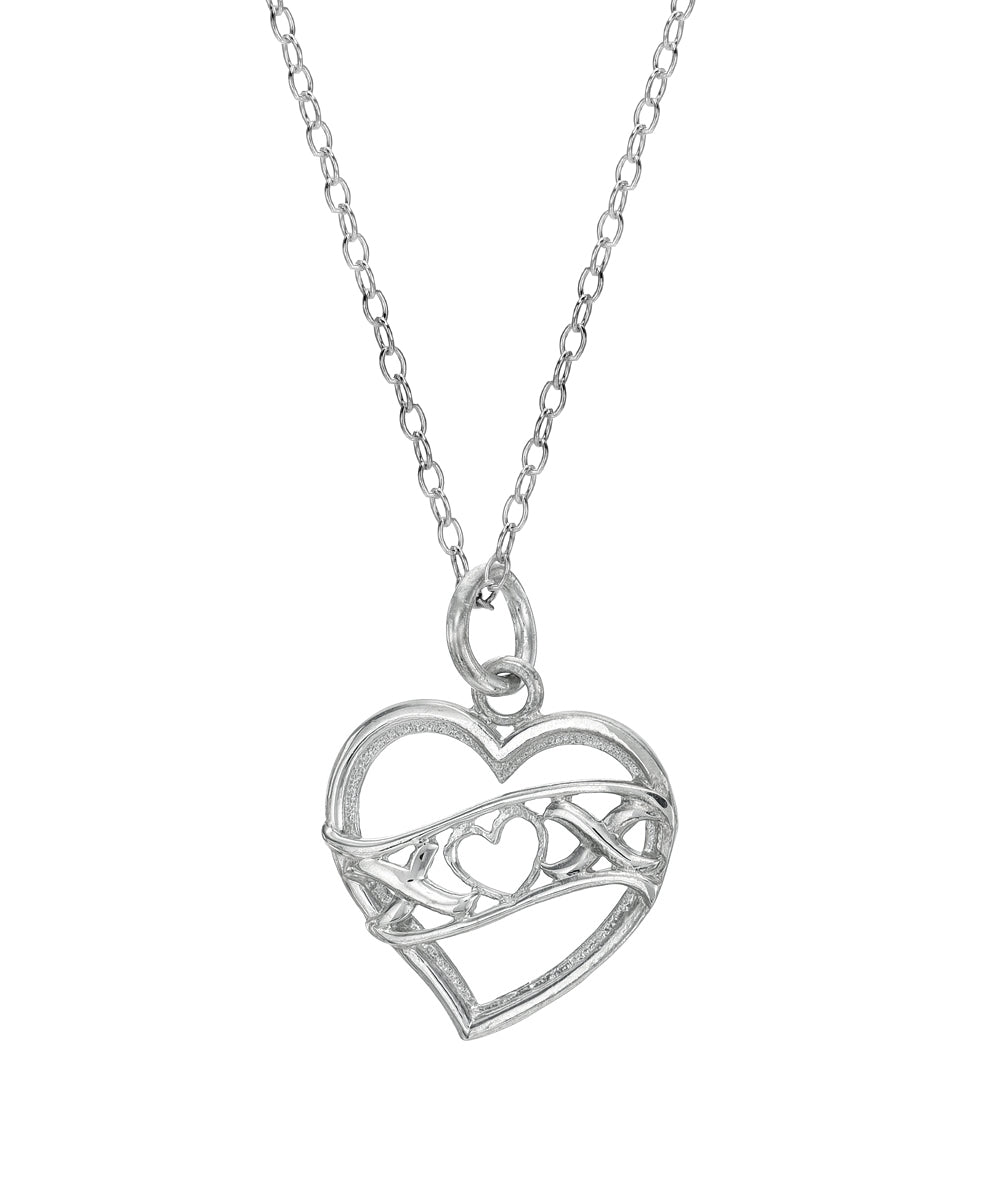 The Sterling Silver Hugs and Kisses Heart Pendant Necklace features a 925 Sterling Silver delicate chain and heart-shaped pendant with intricate openwork, smaller heart, and swirling patterns—perfect as a stylish statement piece.