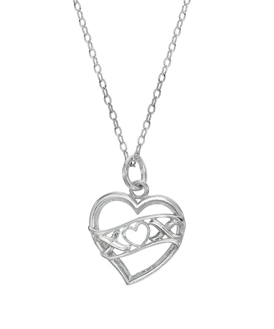 The Sterling Silver Hugs and Kisses Heart Pendant Necklace features a 925 Sterling Silver delicate chain and heart-shaped pendant with intricate openwork, smaller heart, and swirling patterns—perfect as a stylish statement piece.