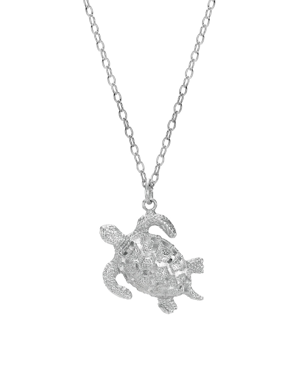 Sterling Silver Large Honu Sea Turtle Pendant Necklace showcases a detailed, textured turtle with an intricate shell design, beautifully photographed against a plain white background.
