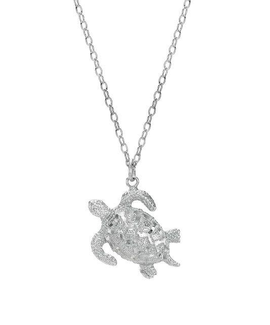 Sterling Silver Large Honu Sea Turtle Pendant Necklace showcases a detailed, textured turtle with an intricate shell design, beautifully photographed against a plain white background.