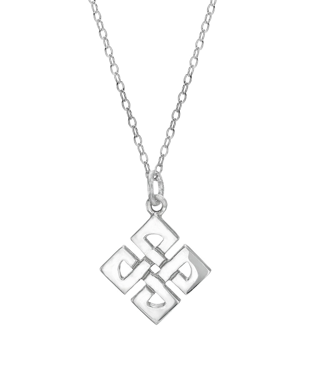 The Sterling Silver Heraldic Infinity Trinity Cross Pendant Necklace features a geometric pendant with interlocking diamond shapes in an intricate, symmetrical design.