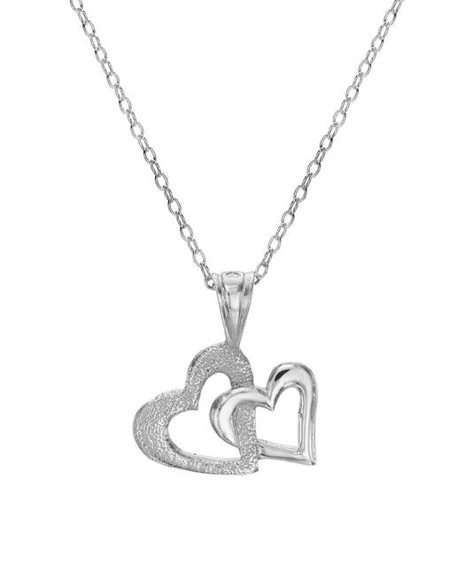 The Sterling Silver Puff Double Heart Pendant Necklace features two intertwined 925 silver hearts—one textured, one polished—on a delicate chain, making it the perfect way to express love and connection.