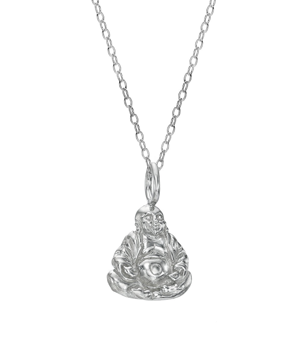 The Sterling Silver Sitting Buddha Budai Pendant Necklace features a detailed 925 silver pendant of a smiling, seated Buddha on a slender chain, shown against a plain white background.