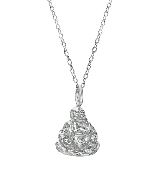 The Sterling Silver Sitting Buddha Budai Pendant Necklace features a detailed 925 silver pendant of a smiling, seated Buddha on a slender chain, shown against a plain white background.