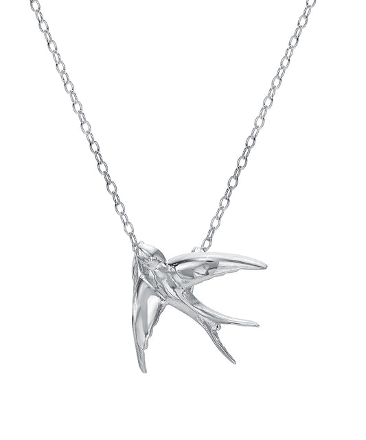 The Sterling Silver Swallow Pendant Necklace features a finely crafted swallow design in 925 sterling silver, suspended from a delicate chain.