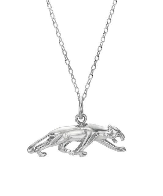 The Sterling Silver Jaguar Pendant Necklace showcases a prowling jaguar on a fine chain, set against a white background—a bold statement piece of animal-inspired jewelry.