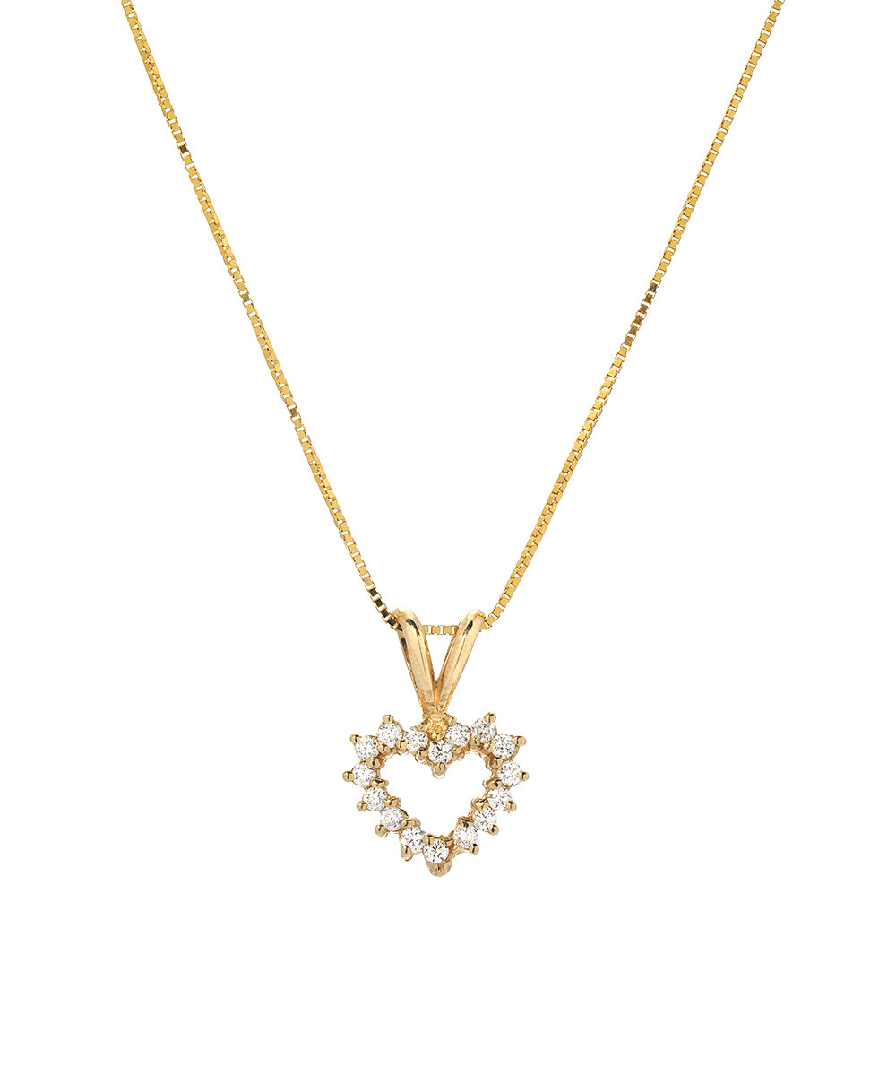 14 Karat Yellow Gold and Diamond Open Heart Pendant Necklace, 16