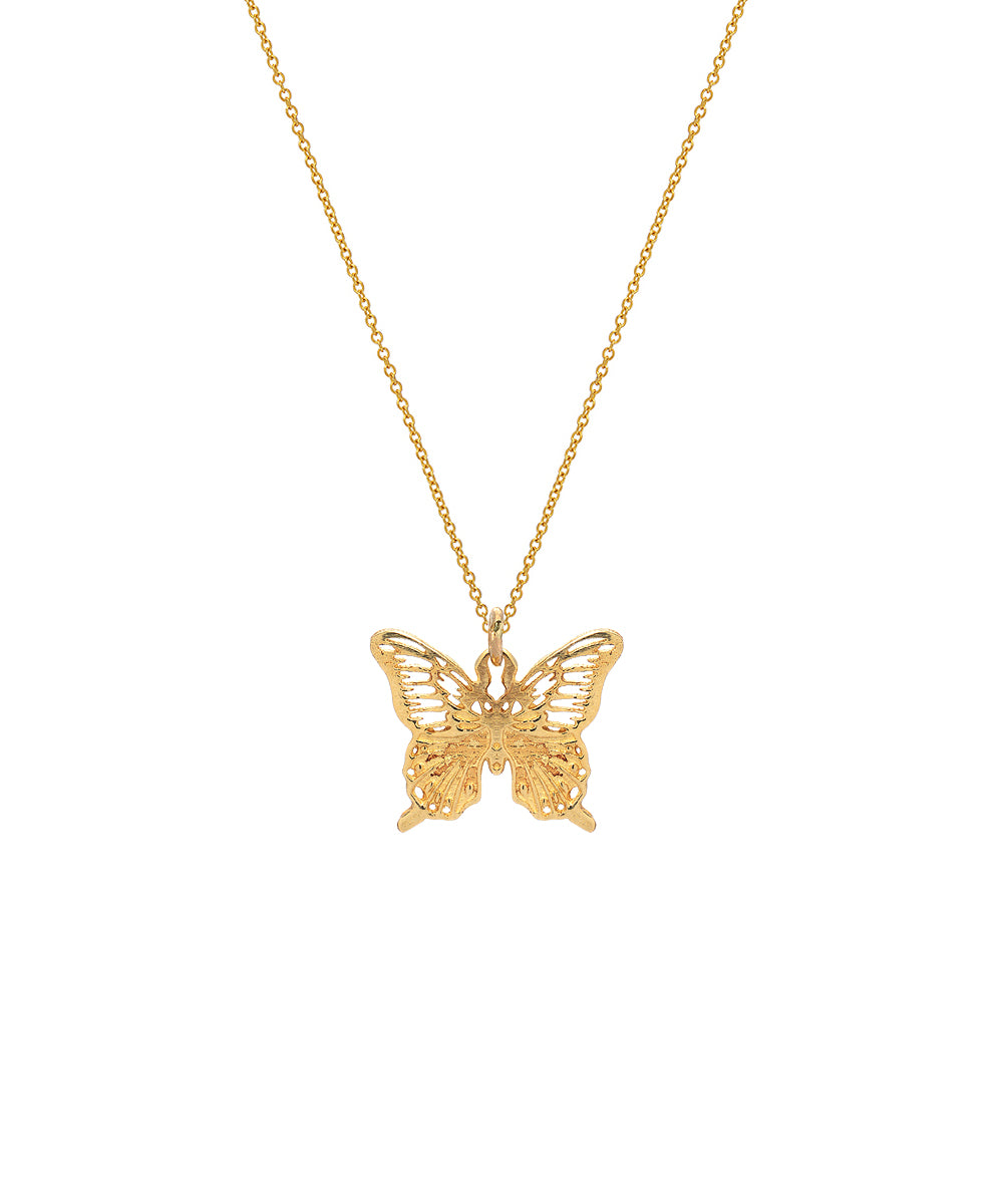 The 14 Karat Yellow Gold Monarch Butterfly Pendant Necklace, 18", features a detailed butterfly pendant on a fine gold chain, displayed against a plain white background.