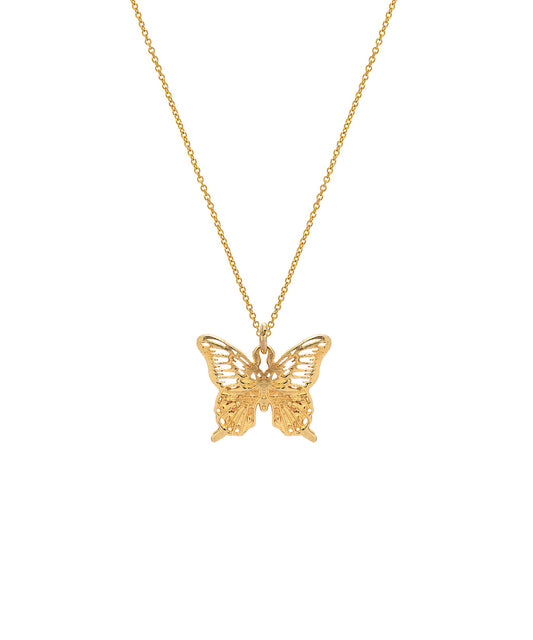 The 14 Karat Yellow Gold Monarch Butterfly Pendant Necklace, 18", features a detailed butterfly pendant on a fine gold chain, displayed against a plain white background.