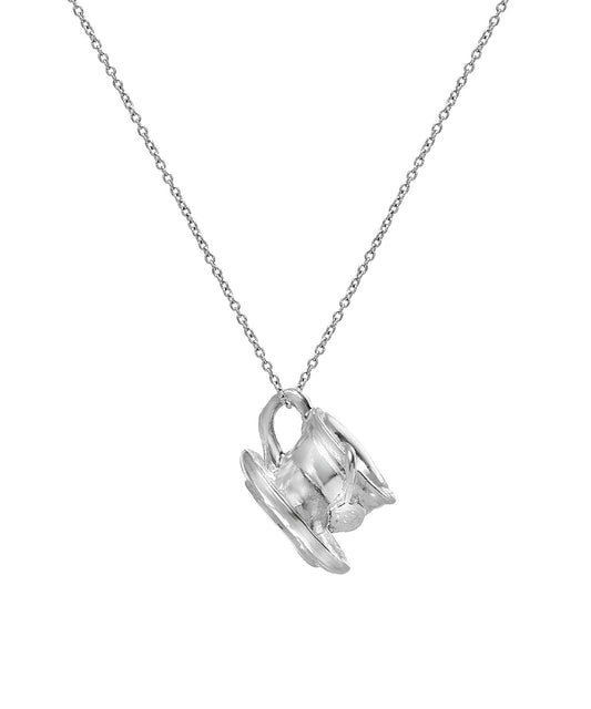 The Sterling Silver Tea Cup Pendant Necklace features a charming teacup and saucer on a fine 925 silver chain, beautifully displayed against a white background—perfect for tea lovers.