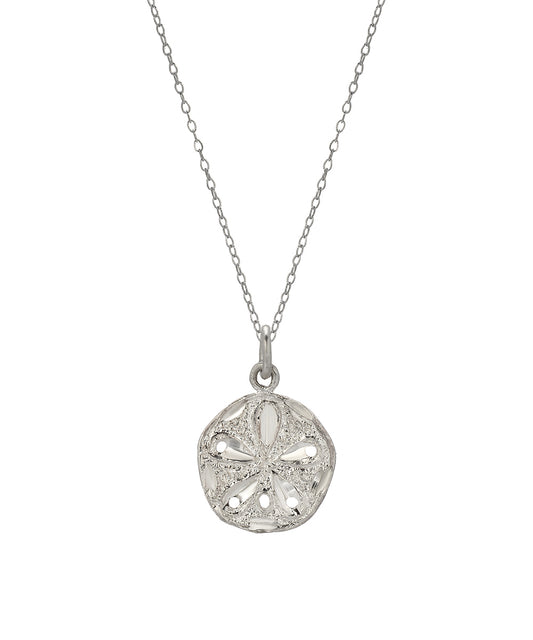The Sterling Silver Sand Dollar Pendant Necklace features a thin chain and intricately cutout beach-themed pendant, ideal for coastal jewelry lovers, displayed on a plain white background.