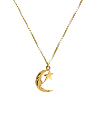 14KT Yellow Gold Crescent Moon and Star Pendant Necklace, 18