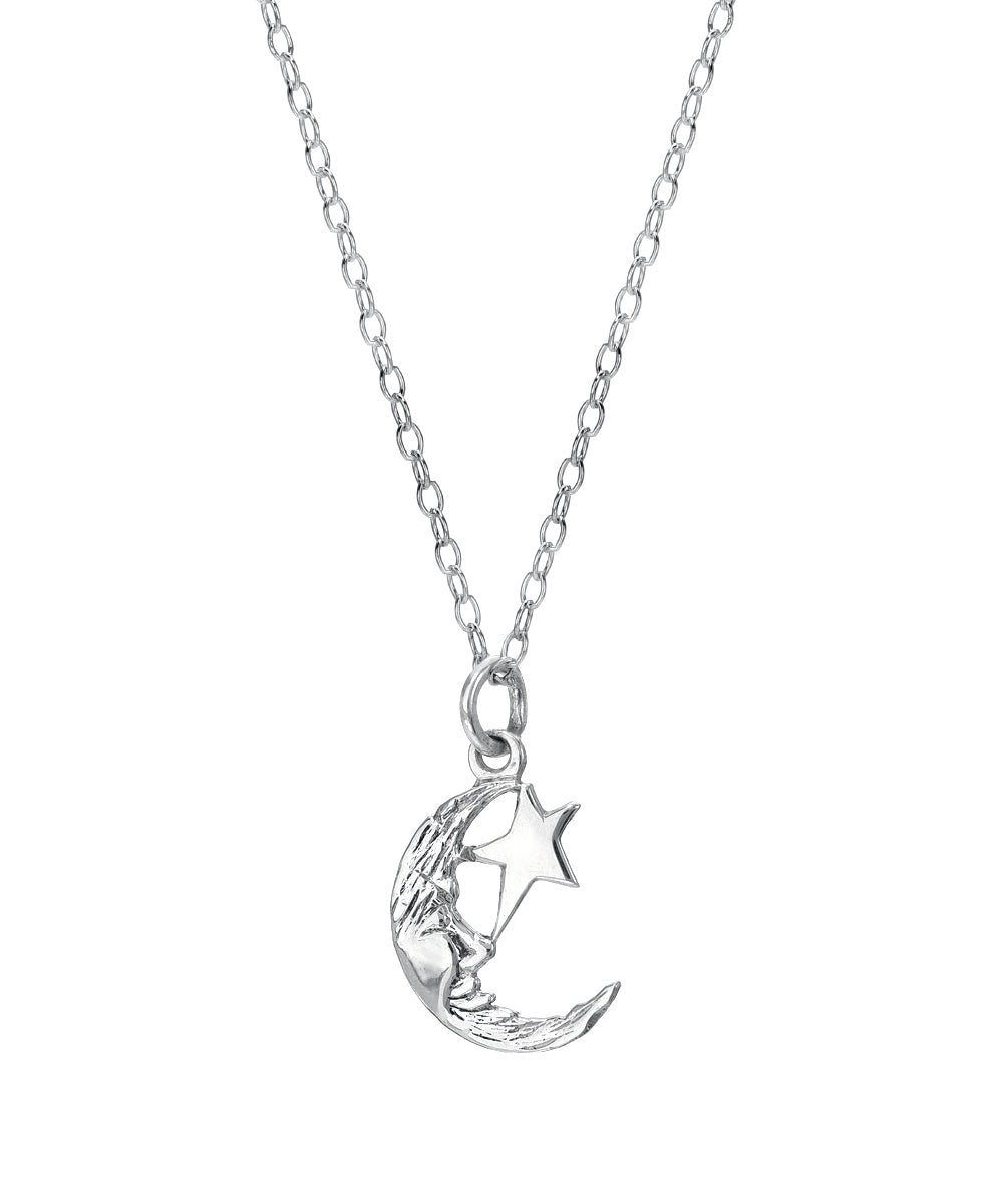Sterling Silver Crescent Moon and Star Pendant Necklace
