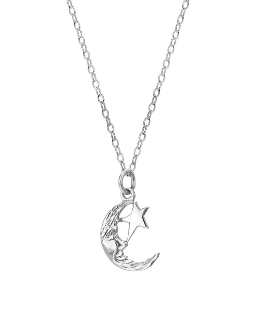 Sterling Silver Crescent Moon and Star Pendant Necklace