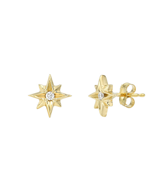 The 14 Karat Gold North Star Diamond Stud Earrings (0.02 CTTW) feature eight-point designs, each accented with a natural diamond at the center. Shown from the front and side to display their elegant details.