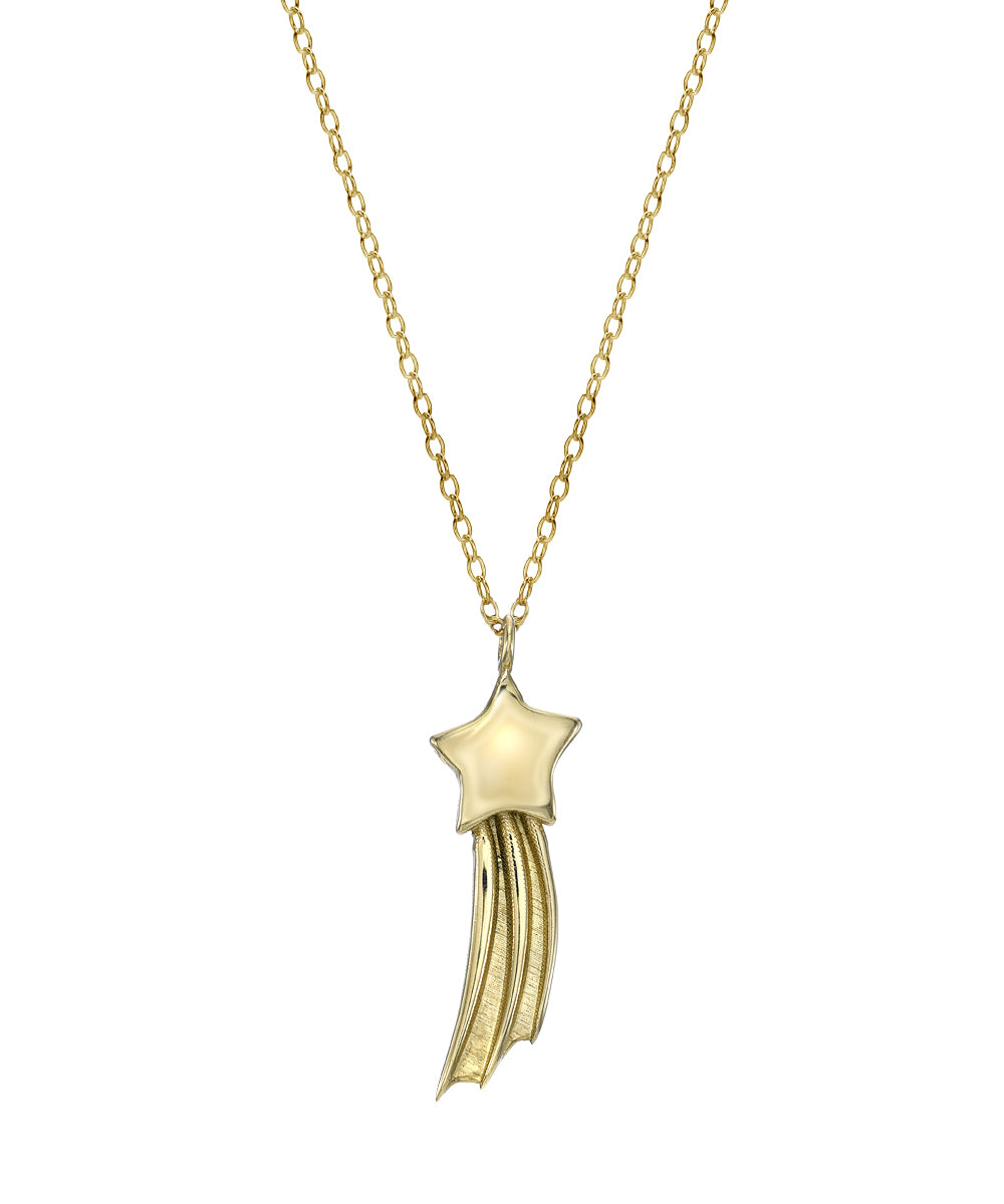 The 14 Karat Gold Shooting Star Pendant Necklace features a five-pointed gold star with trailing lines, elegantly hanging from a delicate Italian rolo chain, shown against a white background.