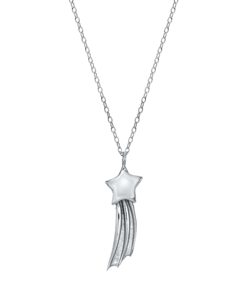 A 14 Karat Gold Shooting Star Pendant Necklace featuring a star-shaped pendant with a comet-like tail on a delicate Italian rolo chain, displayed against a white background.