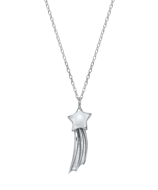 A 14 Karat Gold Shooting Star Pendant Necklace featuring a star-shaped pendant with a comet-like tail on a delicate Italian rolo chain, displayed against a white background.