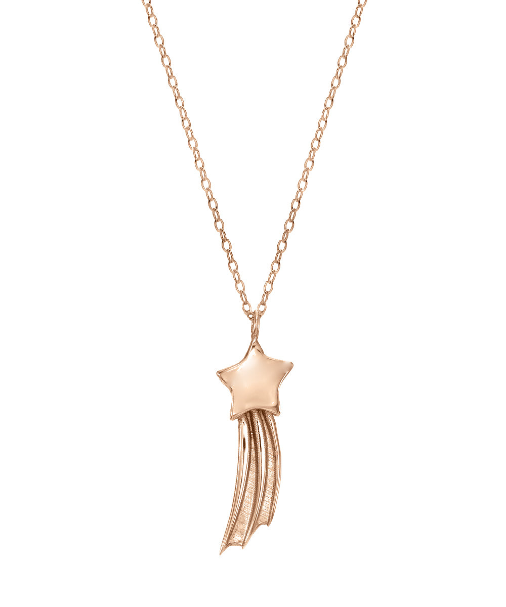 The 14 Karat Gold Shooting Star Pendant Necklace showcases a five-pointed star with three curved trails, elegantly suspended from a delicate Italian rolo chain.