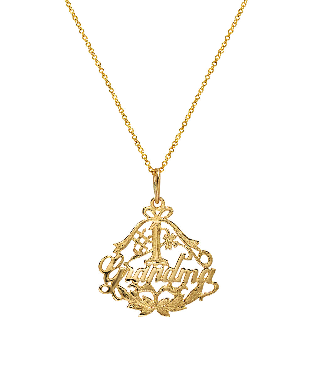 The 14 Karat Yellow Gold #1 Grandma Pendant Necklace features a lovely "Grandma" script with floral and ribbon designs—a timeless piece she'll cherish forever.