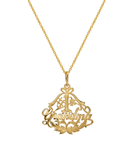The 14 Karat Yellow Gold #1 Grandma Pendant Necklace features a lovely "Grandma" script with floral and ribbon designs—a timeless piece she'll cherish forever.