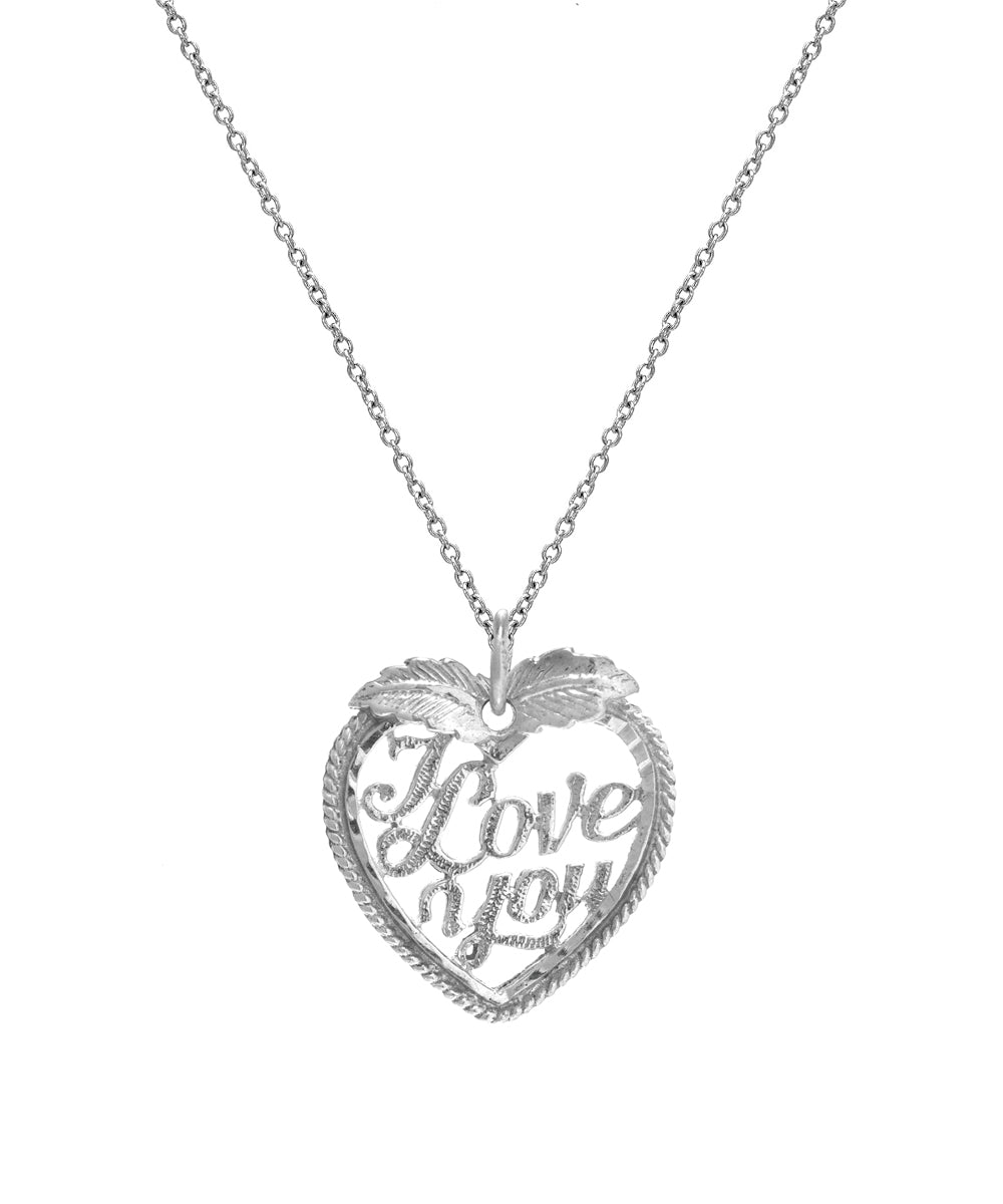 The Sterling Silver I Love You Heart Pendant Necklace features a heart-shaped pendant with "I love you" in cursive inside an outlined heart, elegantly hanging from a delicate chain.