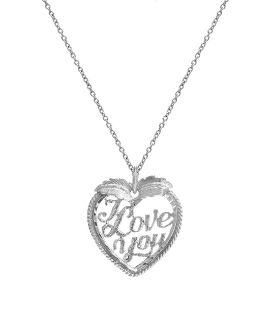 The Sterling Silver I Love You Heart Pendant Necklace features a heart-shaped pendant with "I love you" in cursive inside an outlined heart, elegantly hanging from a delicate chain.