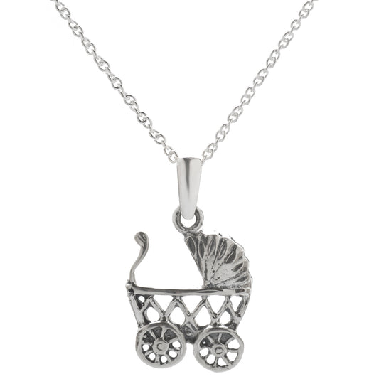 The Sterling Silver Push Gift Baby Stroller Pendant Necklace, 18", features a detailed stroller charm on a delicate chain—an elegant and thoughtful gift for new mothers.