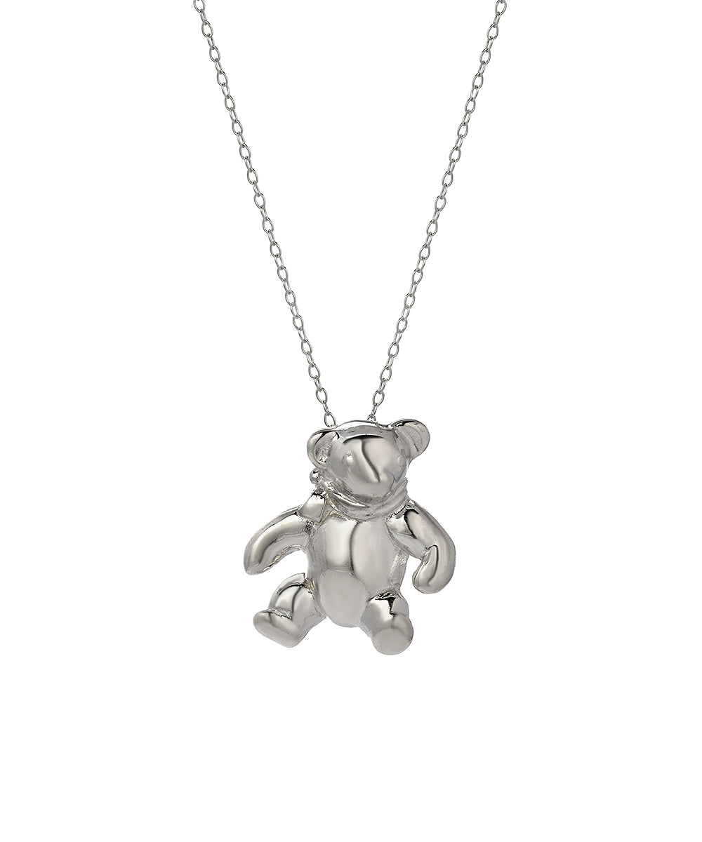 The Sterling Silver Teddy Bear Pendant Necklace, 18", features a delicate 925 sterling silver chain with a shiny three-dimensional teddy bear pendant and soft, rounded details on the bear’s arms, legs, and ears.