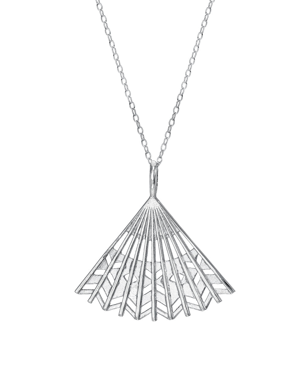 The Sterling Silver Chinese Hand Fan Pendant Necklace features a pendant shaped like an open fan with intricate geometric cutout patterns, elegantly hanging from a fine chain.