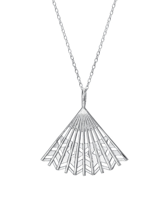The Sterling Silver Chinese Hand Fan Pendant Necklace features a pendant shaped like an open fan with intricate geometric cutout patterns, elegantly hanging from a fine chain.