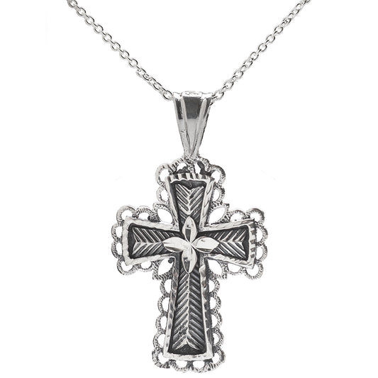 The Sterling Silver Cross Pendant Necklace features a 925 sterling silver cross with intricate etched patterns, scalloped edges, and a raised floral or star design at the center on a delicate chain.