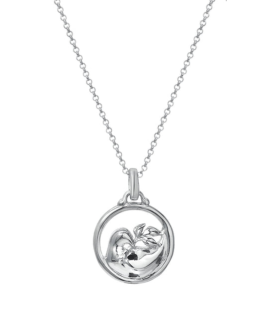 The Sterling Silver Peace Dove and Olive Branch Pendant Necklace, 18", features a delicate circular pendant with a peace dove and olive branch on a fine chain for an elegant look.