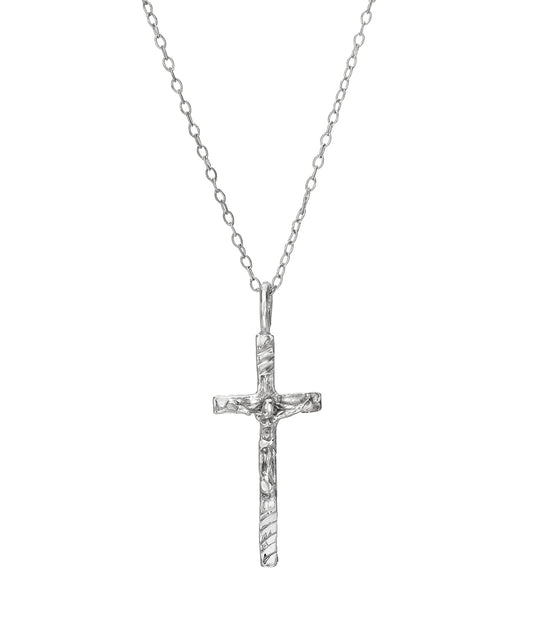 The Sterling Silver Crucifix Cross Pendant Necklace features a textured, hammered cross pendant and is displayed on a plain white background—a timeless piece of religious jewelry.