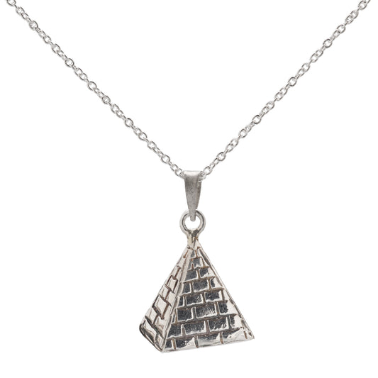 The Sterling Silver Pyramid Pendant Necklace features brick-like textures and hangs from an Italian rolo chain, creating a striking minimalist piece displayed on a white background.