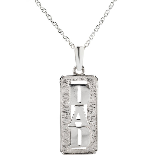 The Sterling Silver Father's Day DAD Pendant Necklace, 18", features a 925 sterling silver rectangular pendant with bold "DAD" lettering—an ideal gift for Father’s Day.