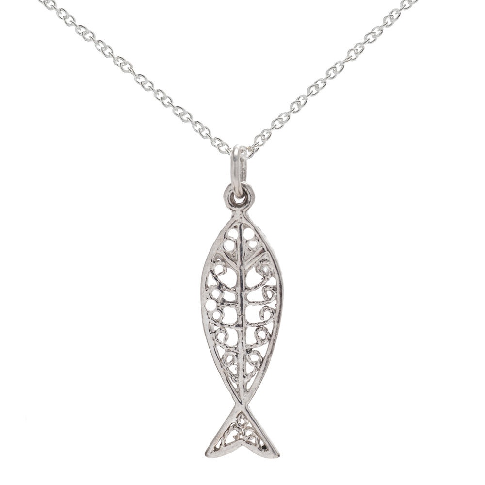 The Sterling Silver Ichthys Fish Pendant Necklace is crafted from 925 sterling silver, featuring a fish skeleton-shaped openwork pendant on a delicate chain—a modern take on the classic ichthys design.