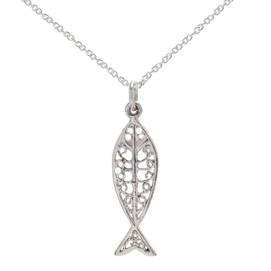 The Sterling Silver Ichthys Fish Pendant Necklace is crafted from 925 sterling silver, featuring a fish skeleton-shaped openwork pendant on a delicate chain—a modern take on the classic ichthys design.