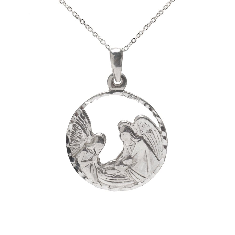 The Sterling Silver Nativity Scene Baby Jesus Baptism Medallion Pendant Necklace features a circular charm with two angel figures with wings, facing each other in a peaceful design.