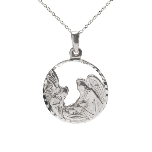 The Sterling Silver Nativity Scene Baby Jesus Baptism Medallion Pendant Necklace features a circular charm with two angel figures with wings, facing each other in a peaceful design.