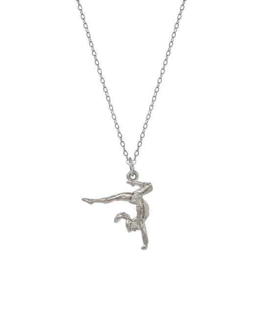 The Sterling Silver Gymnast Pendant Necklace, 18", features a dancer-shaped pendant in mid-leap on a delicate chain, creating an elegant gymnastics accessory, shown on a white background.