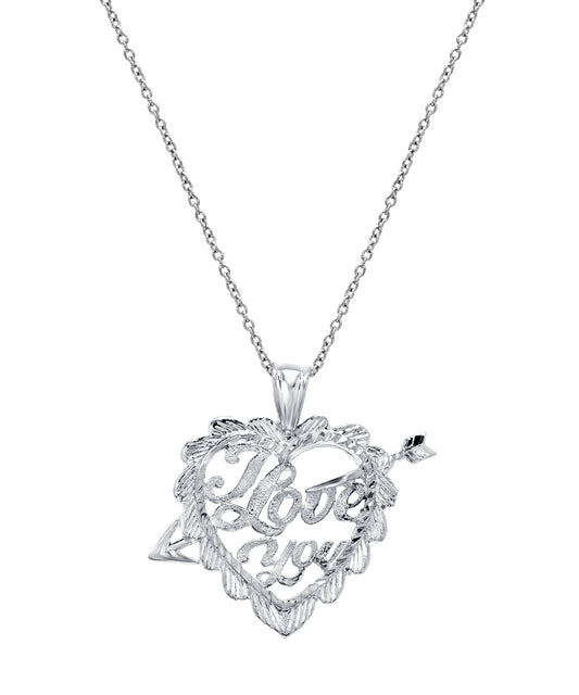 The Sterling Silver I Love You Heart Pendant Necklace, 18", features a heart charm with "I Love You" inscription—an elegant, meaningful gift for anniversaries or special occasions.