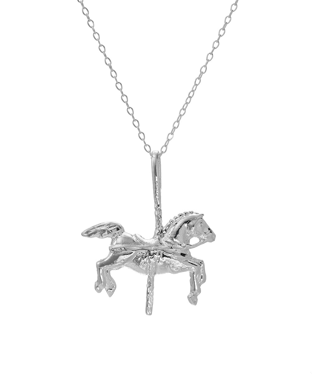 The Sterling Silver Carousel Pendant Necklace, 18", features a detailed carousel horse with a vertical pole, crafted from 925 sterling silver and suspended from a delicate chain.