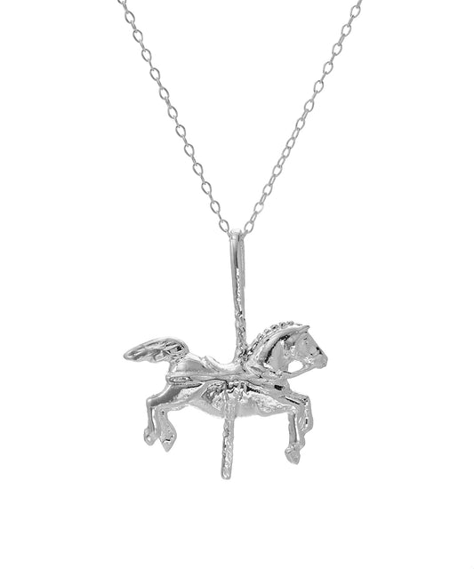 The Sterling Silver Carousel Pendant Necklace, 18", features a detailed carousel horse with a vertical pole, crafted from 925 sterling silver and suspended from a delicate chain.
