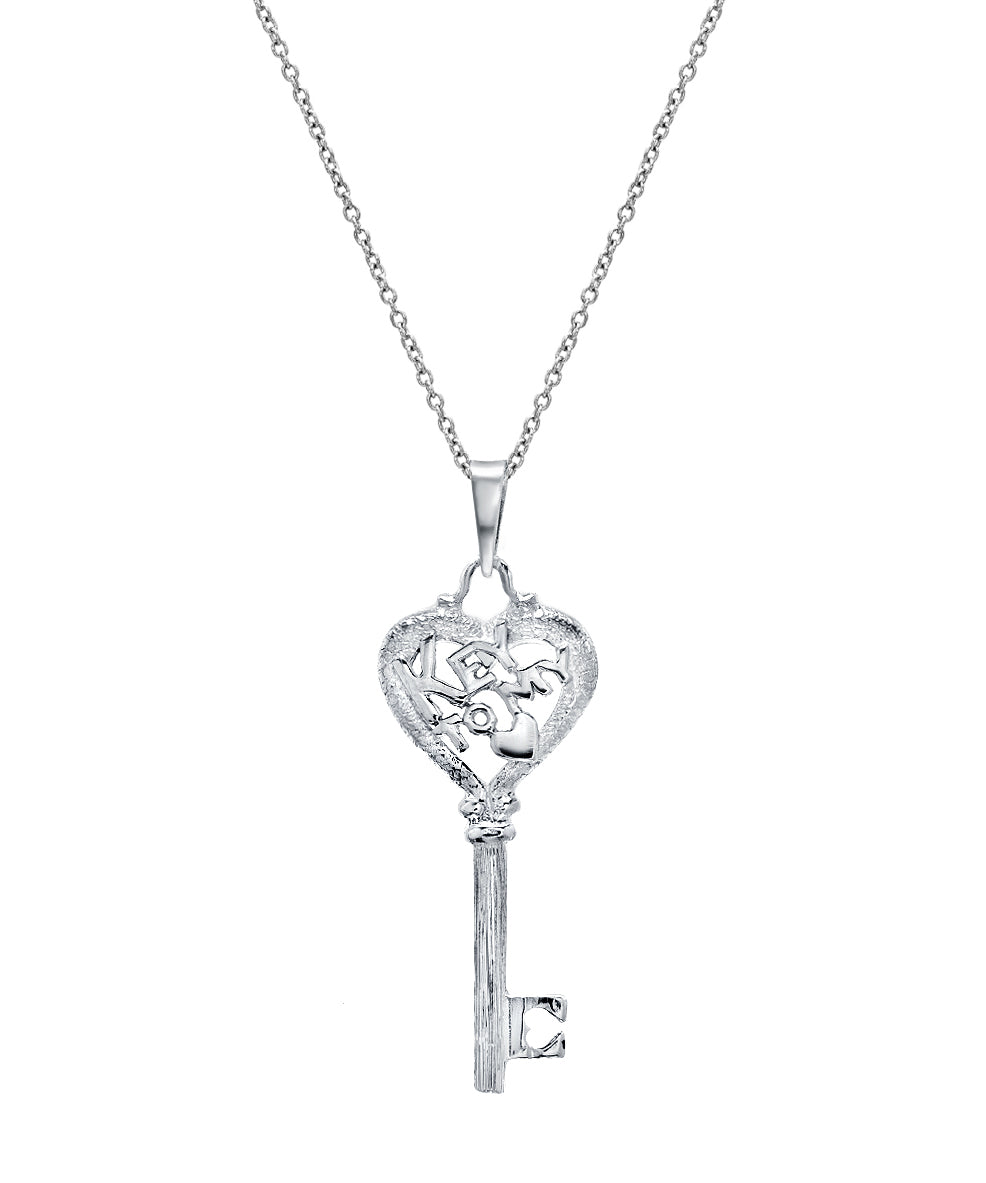 The Sterling Silver Key To My Heart Pendant Necklace, 18", features a detailed key with a heart-shaped top and an “E” at the tip, making it a charming, meaningful accessory.